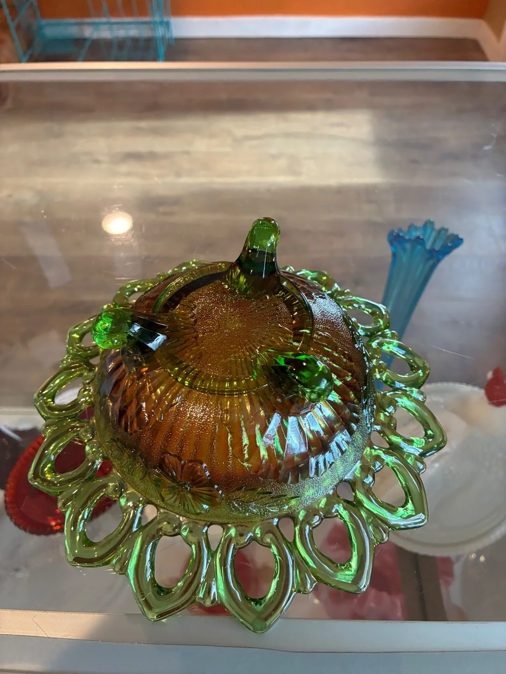 Northwood Antique Wild Rose Green Carnival Glass Open Edge Bowl